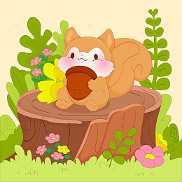 春天森林草坪大树桩松鼠吃坚果儿童插画