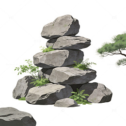 日式叠石风景水墨画