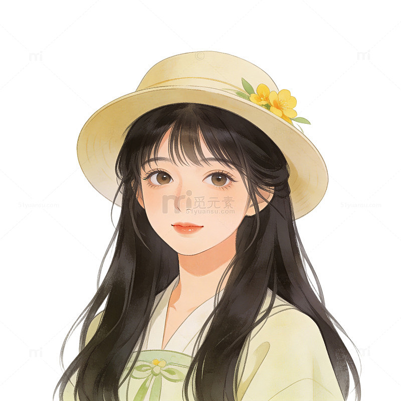 清新插画风少女花卉装饰设计图