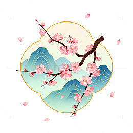 中式梅花山水画矢量插画