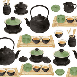 水墨风格茶具插画设计素材