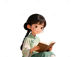 树荫下读书的小女孩插画