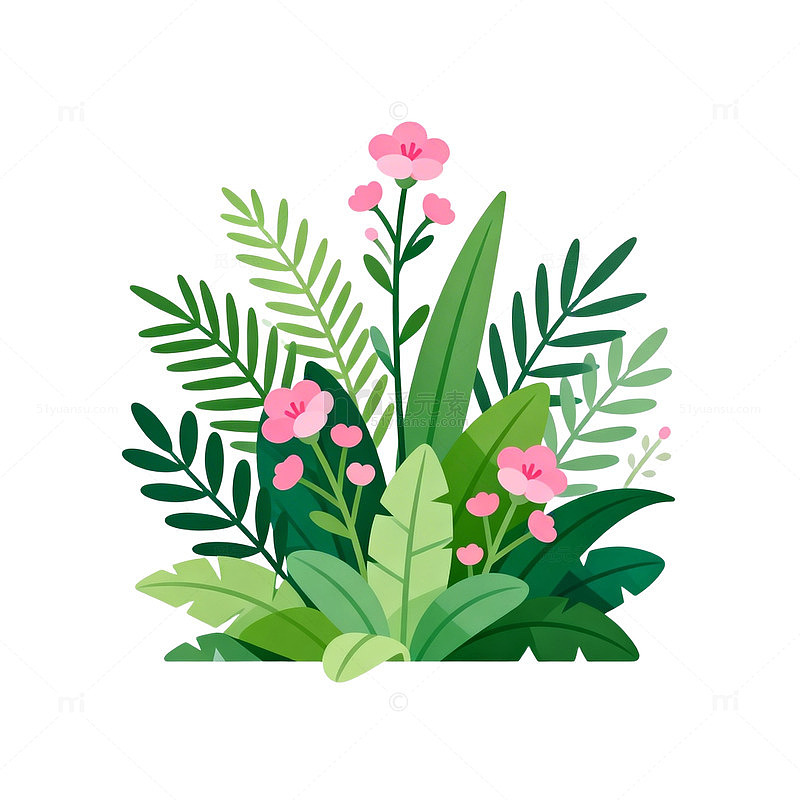 插画风格绿色植物花卉图案设计素材
