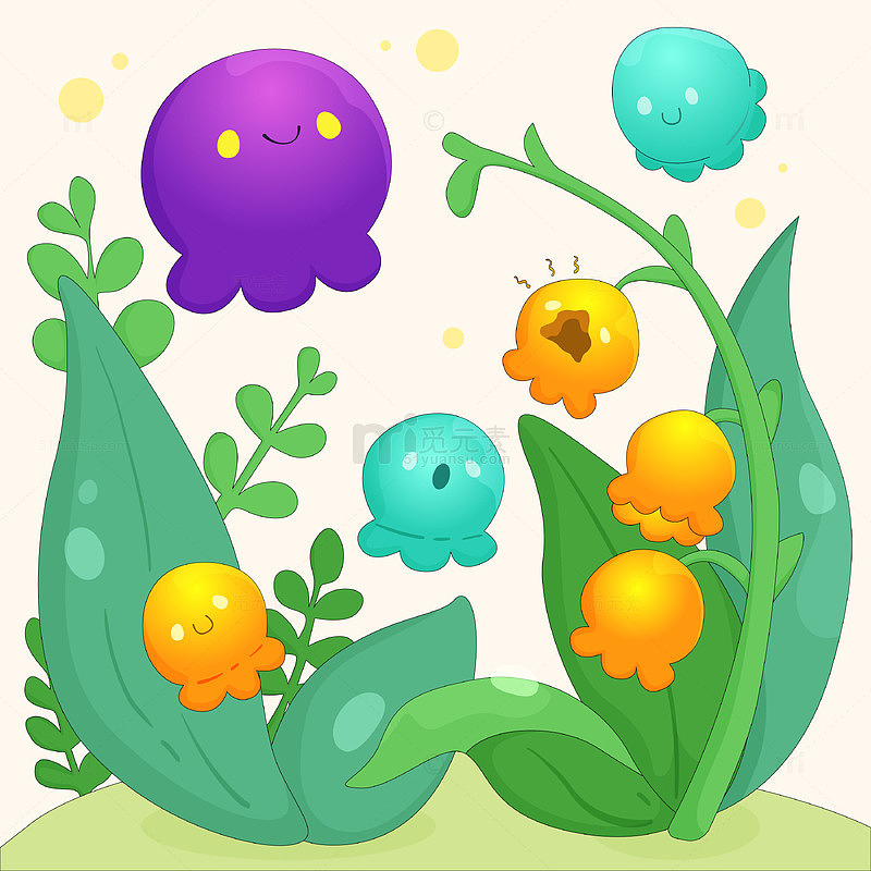 春天花园绿植大叶子发光小精灵可爱卡通插画