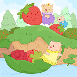 春天森林小熊精灵小船搬草莓可爱卡通插画