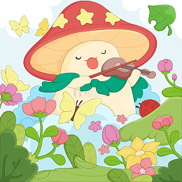 春天花丛草地蘑菇小精灵小提琴蝴蝶卡通插画