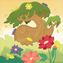 春天绿色大树下花丛花瓣飘落可爱卡通插画