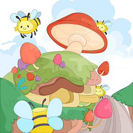 春天山坡蘑菇屋小蜜蜂蜂巢自然可爱卡通插画