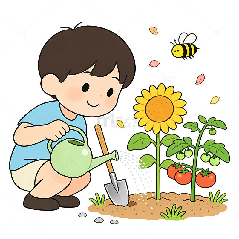 劳动节小孩家务劳动卡通浇花种菜种植元素