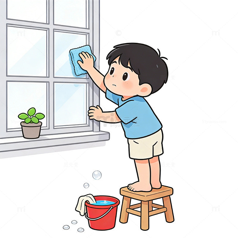 劳动节小孩家务劳动卡通清洁擦窗户可爱元素