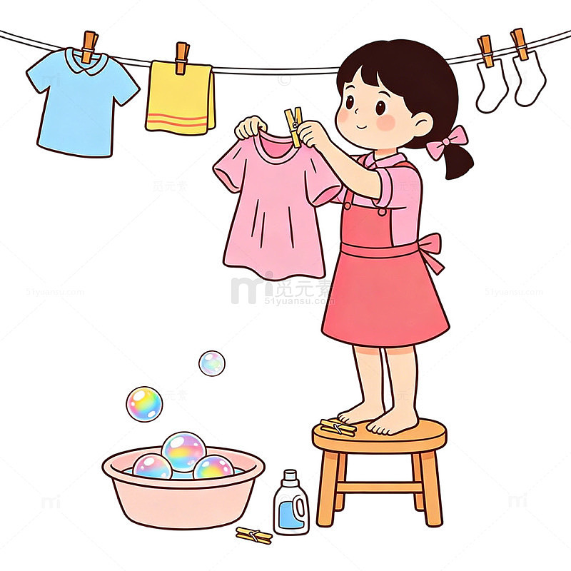 劳动节小孩劳动卡通洗衣服晾衣服成长元素