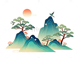 国潮山水画风格插画
