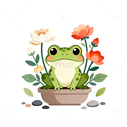 卡通风青蛙与花盆矢量插画