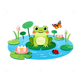 卡通青蛙荷花池插画