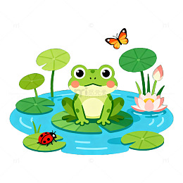 卡通风青蛙荷花池场景插画