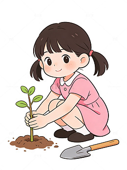 卡通女孩植树插画素材