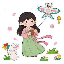 韩式卡通女孩风筝插画