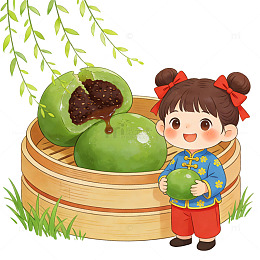 卡通青团女孩美食插画