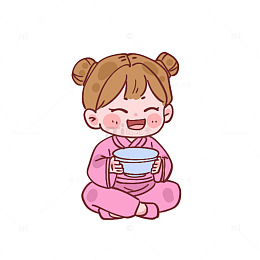 卡通女孩吃饭插画