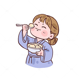 卡通女孩享用汤面插画