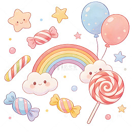 儿童节手绘彩虹气球糖果星星元素装饰