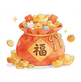 水彩福袋金币兔柿插画