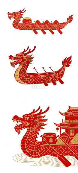 线条龙舟极简笔触红金元素