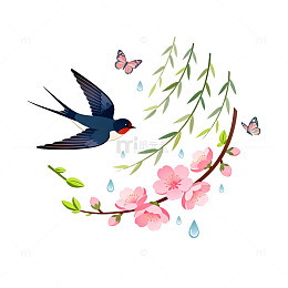 卡通燕子樱花春天插画