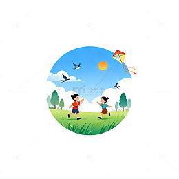 童趣放风筝卡通插画