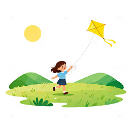 卡通女孩放风筝草地风景插画