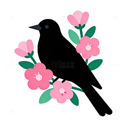 简约风黑色鸟儿花卉插画