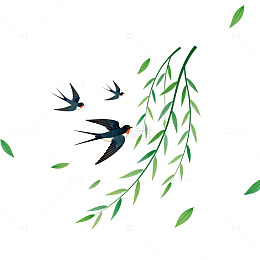插画风格燕子柳枝春天场景