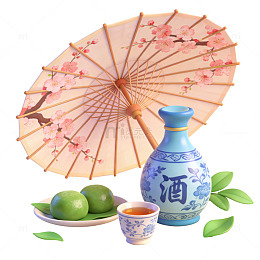 古风喜庆桃花酒果茶元素