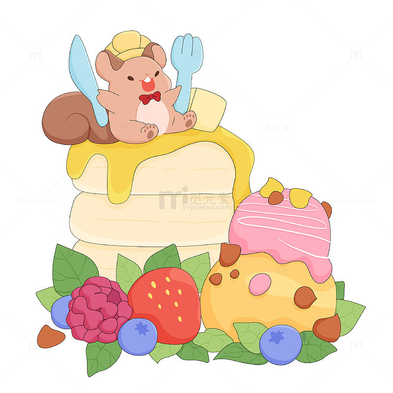 草莓蓝莓冰淇淋蛋糕松鼠饮品店美食卡通插画