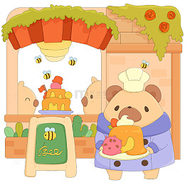 可爱小熊厨师小蜜蜂蛋糕甜品店美食卡通插画