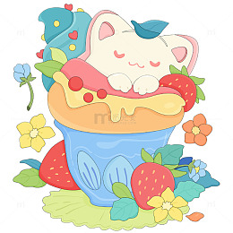可爱草莓冰淇淋杯子猫咪美食卡通插画