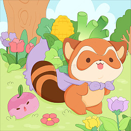 小浣熊采摘蔬菜玉米大葱萝卜美食卡通插画