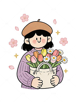 可爱卡通人物小女孩捧花插画素材免扣