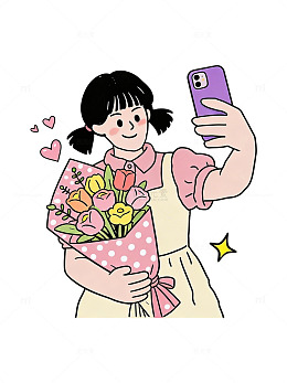 卡通少女人物插画素材自拍花束手机