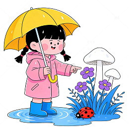 卡通小女孩雨中赏景人物插画素材