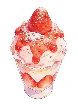 水彩草莓冰淇淋甜品插画