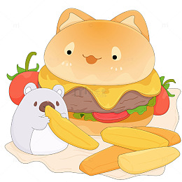 可爱小猫牛肉芝士番茄汉堡快餐美食卡通插画