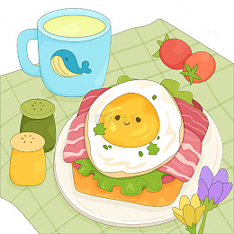 可爱早餐煎鸡蛋培根番茄快餐美食卡通插画