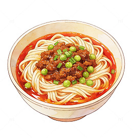 水彩风格红色酱汁面条美食插画