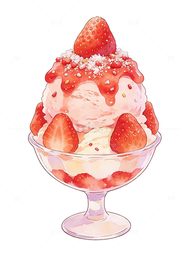 草莓冰淇淋甜点水彩插画