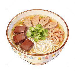 卡通风鸭血粉色美食面条插画素材