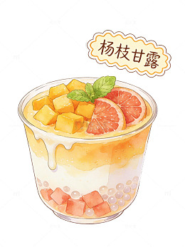 水彩杨枝甘露甜品插画