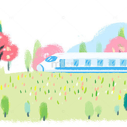 春季列车绿色多彩涂鸦手绘卡通高铁桃花草坡