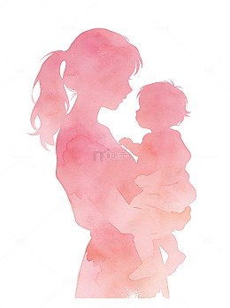 粉色妇女节母亲节妈妈抱着孩子卡通水彩剪影