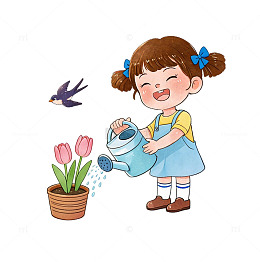 童趣卡通女孩浇花春日人物插画素材